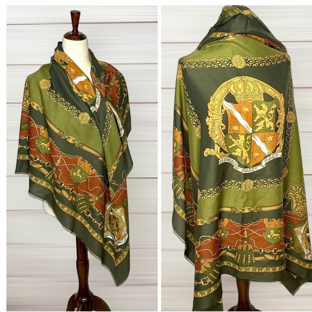 Art of the Scarf Large Square Scarf Shawl Baroque Style Green Terracotta  Italy